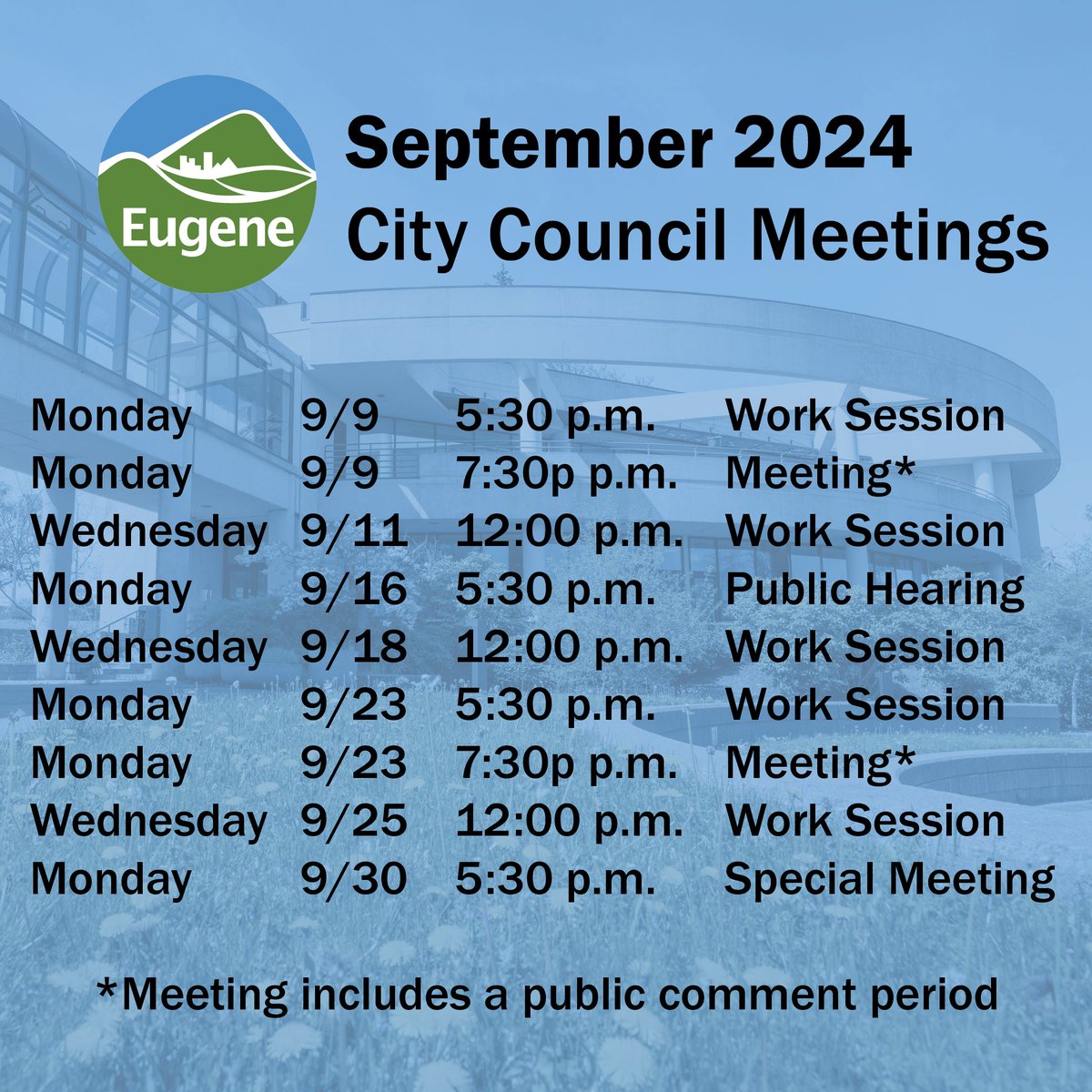 Here is a list of the September 2024 City Council meetings and work sessions. For more information like the full City Council meeting calendar, meeting topics, and how to access the meeting live streams head to eugene-or.gov/536/City-Counc…