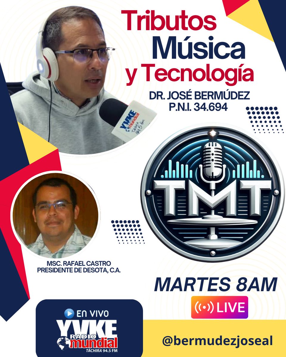 Mañana #Martes los esperamos en TMT Tributos, Música y Tecnología a partir de las 8am por la 94.5 FM <a href="/YvkeTachira/">Yvke Tachira</a> tendremos como invitado al MsC. Rafael Castro Presidente de Desota, C.A. También te puedes conectar al Live de Instagram para disfrutar de esta interesante entrevista