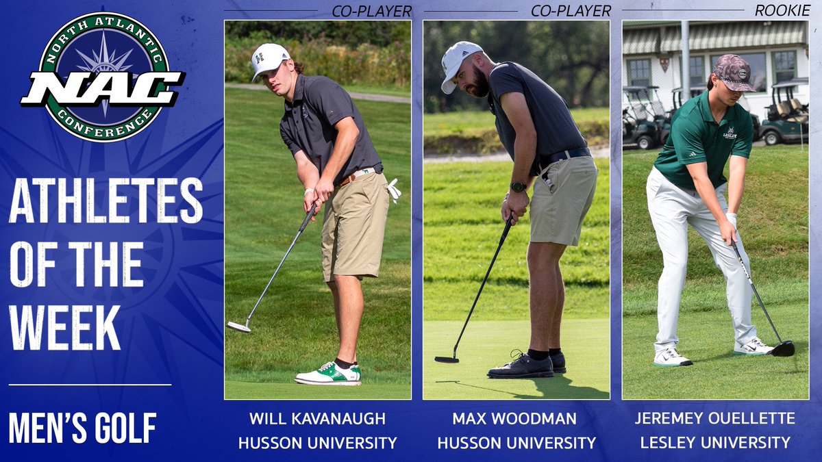 nacathletics's tweet image. NAC Men’s Golf ⛳️ | Athletes of the Week – Sept. 9, 2024

Co-Player of the Week – Will Kavanaugh, Husson University 
Co-Player of the Week – Max Woodman, Husson University 
Rookie of the Week – Jeremy Ouellette, Lesley University
#NACgolf #d3golf 

🔗 link in bio for full release