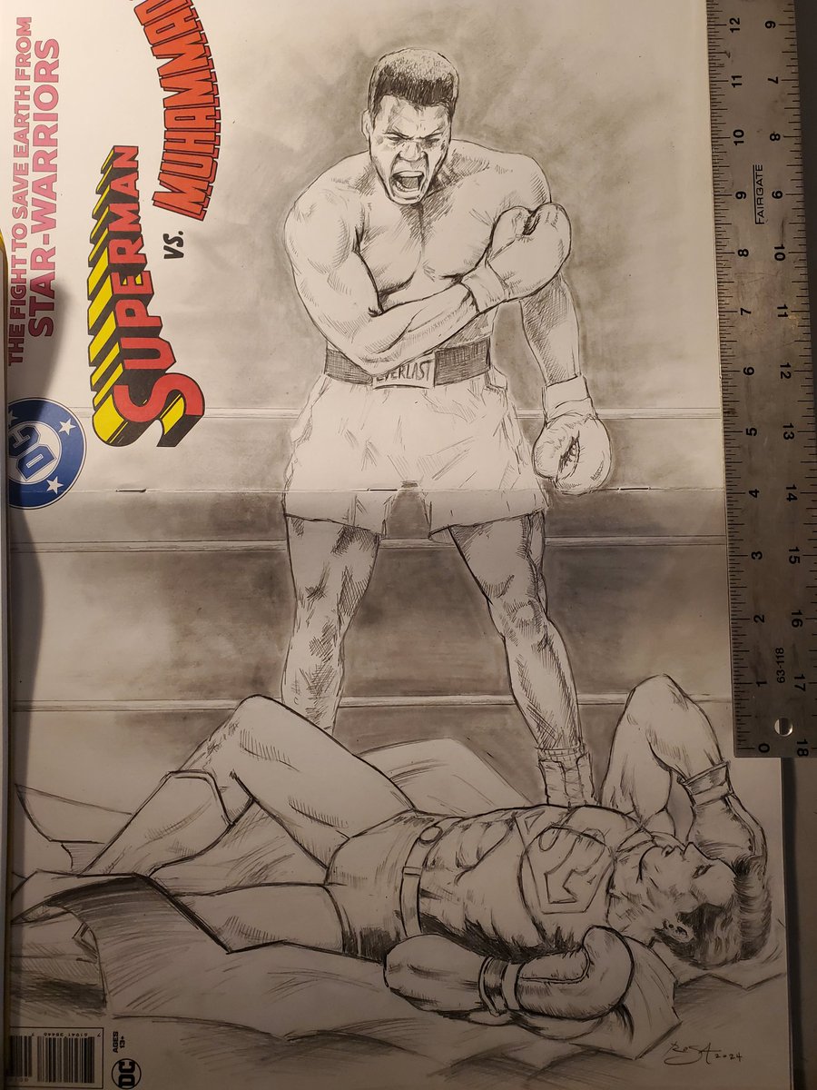 Deunen's tweet photo. Superman versus Muhammad Ali sketch cover. https://t.co/PHm647GRLq