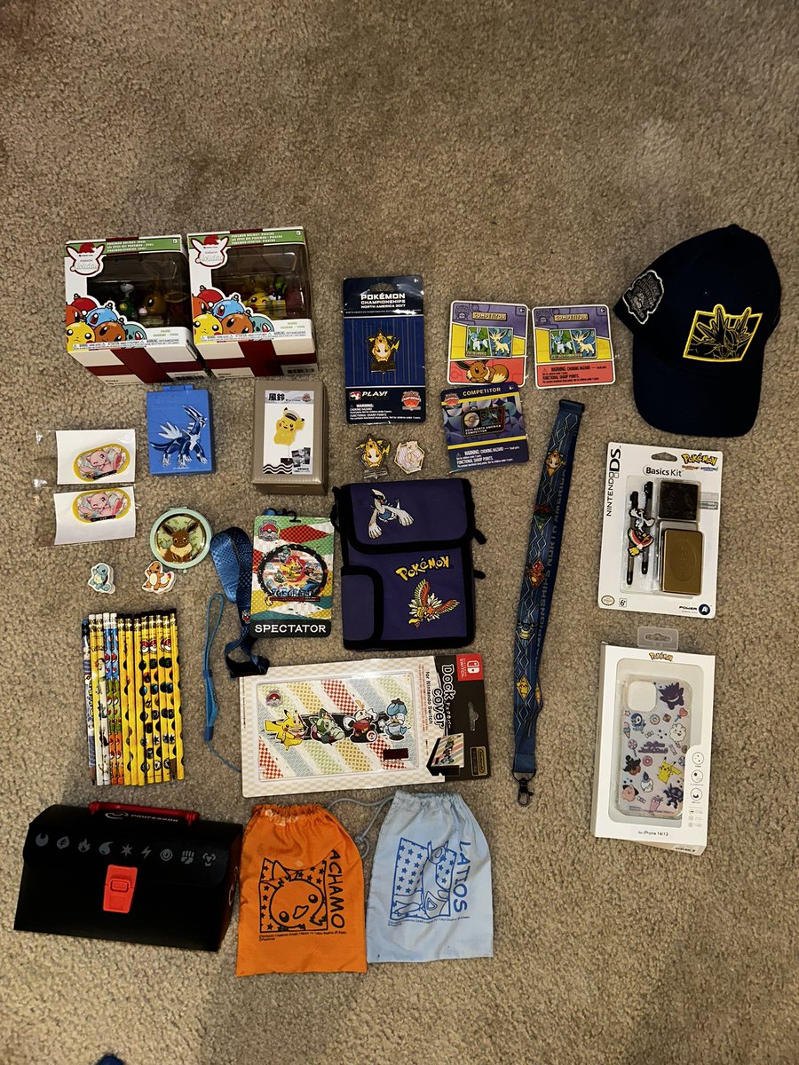 Lots of Pokémon merchandise for sale! 2 additional photos in the replies.

Looking to sell at Baltimore regionals this coming weekend; not offering shipping at this time, but will in the future. 

DM for prices or additional pictures/videos of merch 💖

RTs appreciated 🙂‍↕️