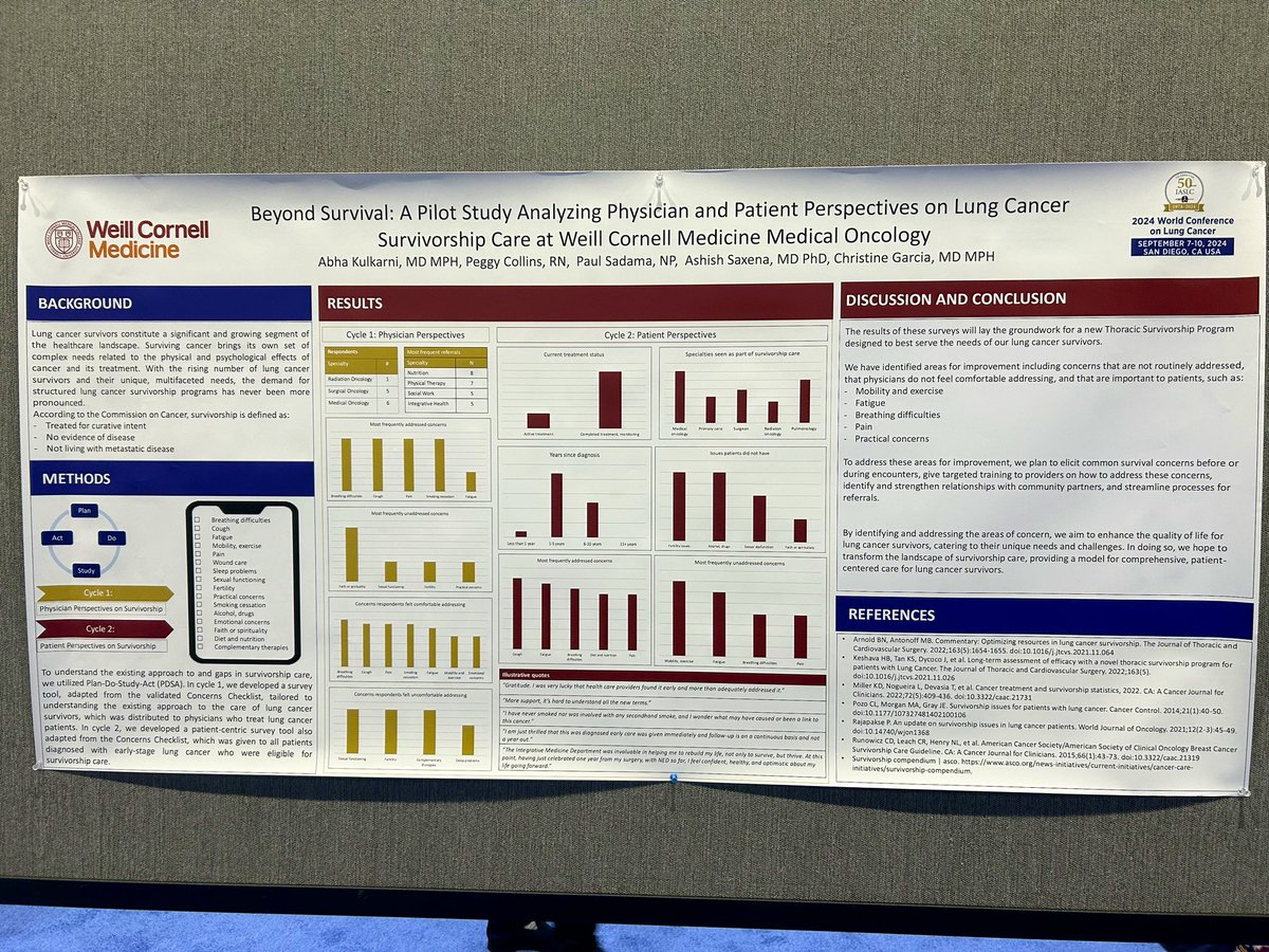 Excited to share Dr. Christine Garcia’s <a href="/christinemphmd/">Christine A. Garcia, MD, MPH</a> findings on physician and patient views in LC survivorship care at Weill Cornell Medicine! <a href="/DrAshish_Saxena/">Ashish Saxena, MD, PhD</a> 
<a href="/WCMHemOncFellow/">WCMHemOncFellow</a> <a href="/WeillCornell/">Weill Cornell Medicine</a> <a href="/WCM_MeyerCancer/">Weill Cornell Medicine Meyer Cancer Center</a> #WCLC24