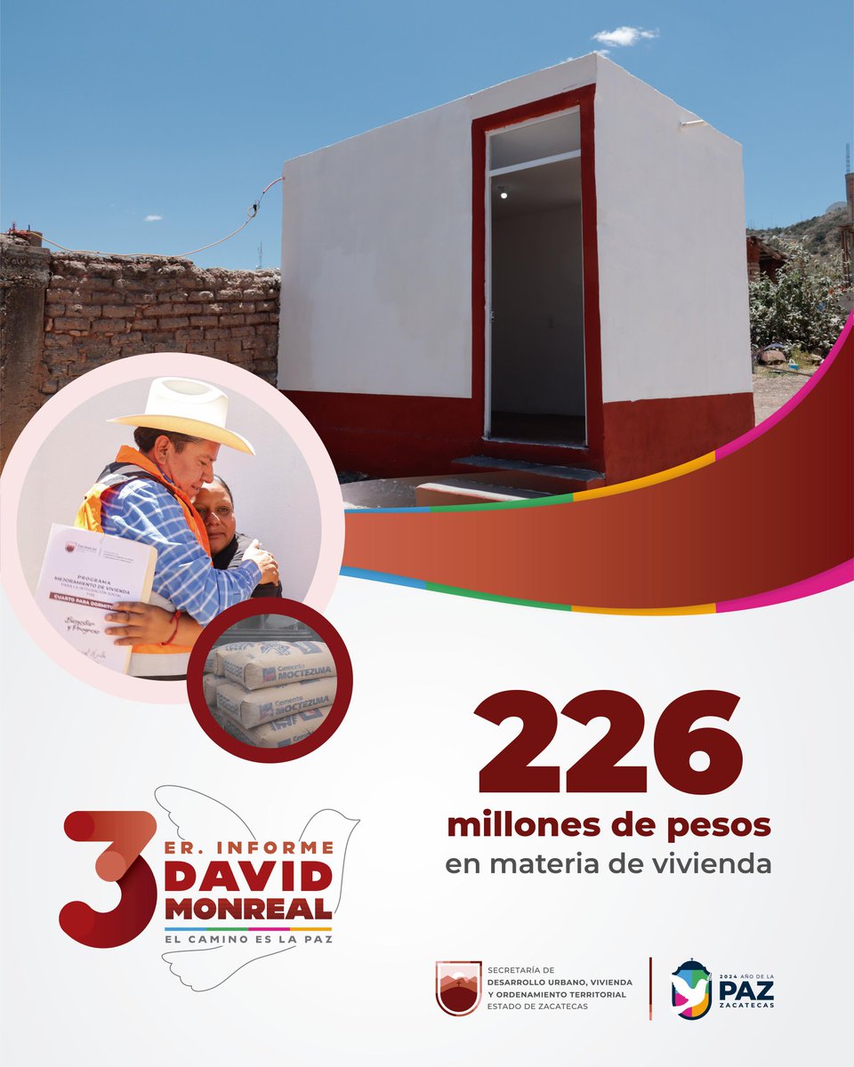 Seduvot_Zac's tweet photo. Durante el #TercerInformeDeGobierno, el Gobernador @DavidMonrealA informó que se ha invertido en mejorar y dignificar los hogares zacatecanos; acciones que brindan justicia social. ¡El camino es la paz!

#JuntosSomosPaz https://t.co/0Ms0jZWQ50