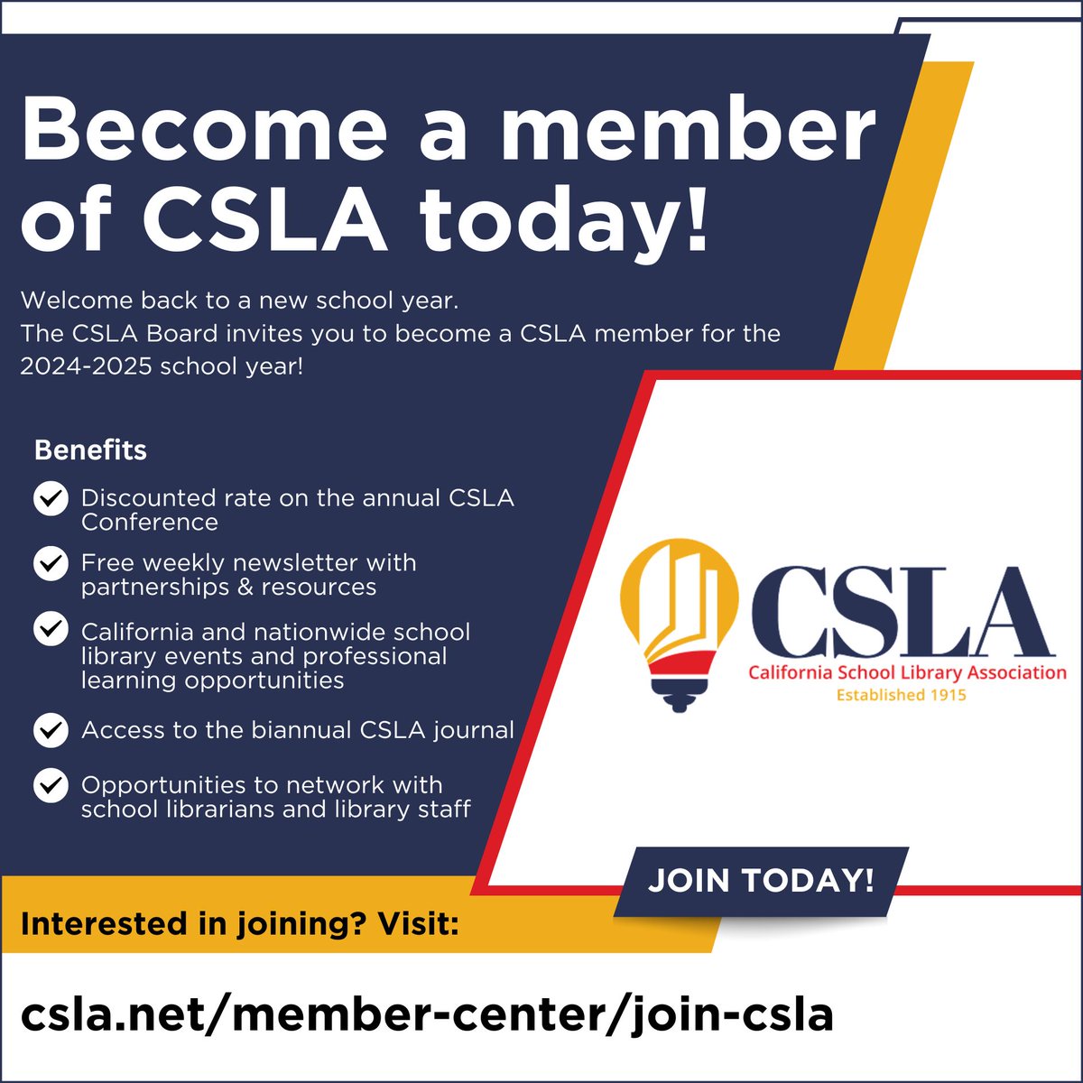 CSLA (@4csla) on Twitter photo Welcome back to a new school year. The CSLA Board invites you to become a CSLA member for the 2024-2025 school year!
Interested in joining? Go to buff.ly/4cTK0YQ for additional information and rates. Welcome back to a new school year. The CSLA Board invites you to become a CSLA member for the 2024-2025 school year!
Interested in joining? Go to buff.ly/4cTK0YQ for additional information and rates.