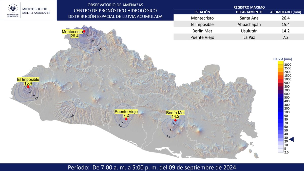 📌#ElObservatorioInforma Mapa de distribución espacial de lluvia registrada desde las 7:00 a. m. a 5:00 p. m. del 09 de septiembre de 2024.