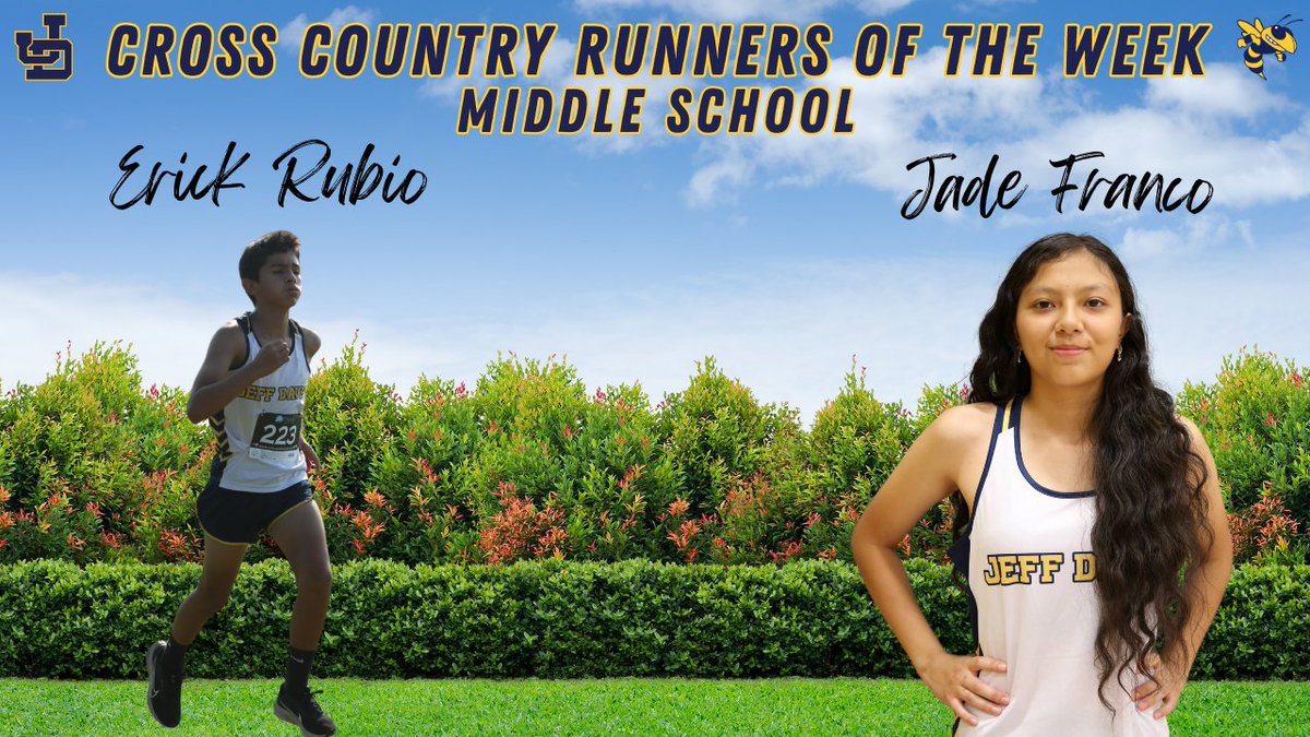 Jeff Davis XC (@jeffdavis_xc) on Twitter photo Congrats to our Runner of the Week!
HS Boy - Carter Yawn
HS Girl - Jazmin Gonzalez
MS Boy - Erick Rubio
MS Girl - Jade Franco
#invested Congrats to our Runner of the Week!
HS Boy - Carter Yawn
HS Girl - Jazmin Gonzalez
MS Boy - Erick Rubio
MS Girl - Jade Franco
#invested