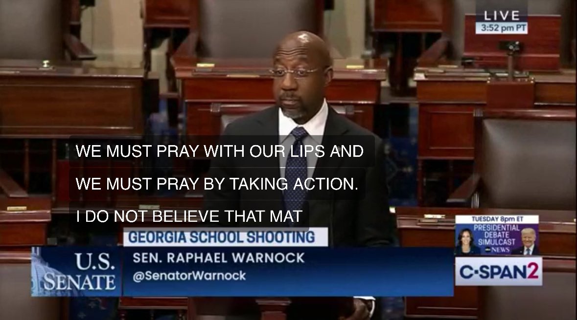 ><a href="/SenatorWarnock/">Senator Reverend Raphael Warnock</a> calls for a fresh “serious bipartisan conversation” about compromise gun safety legislation after the Apalachee shootings. 

“Are we going to turn the whole country into a fort just so 14-year-olds can have AR-15s?” #gapol