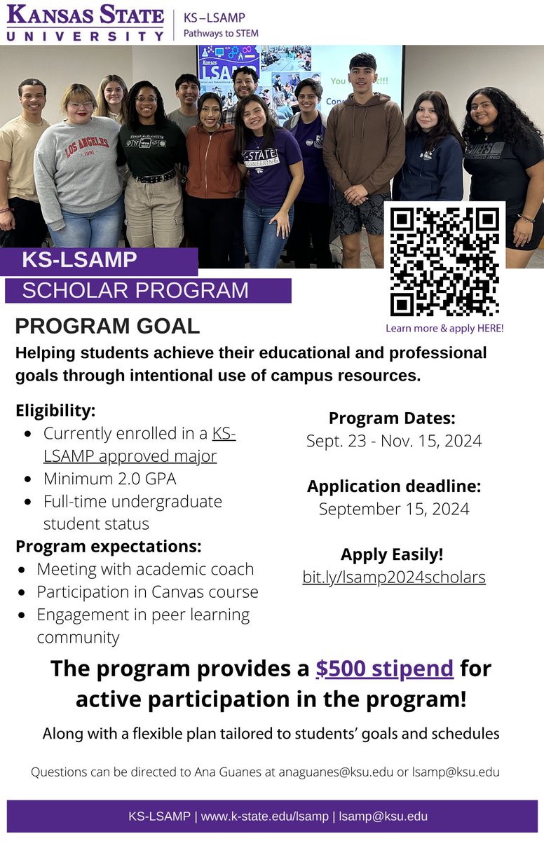 Don't forget to apply to become a KS-LSAMP Scholar this fall! Get a $500 stipend and tailored support to reach your STEM goals. 
New deadline: Sept 15. 
Don’t miss out— apply today!  kstate.qualtrics.com/jfe/form/SV_5j…… 

#KState #STEM #KSLSAMP