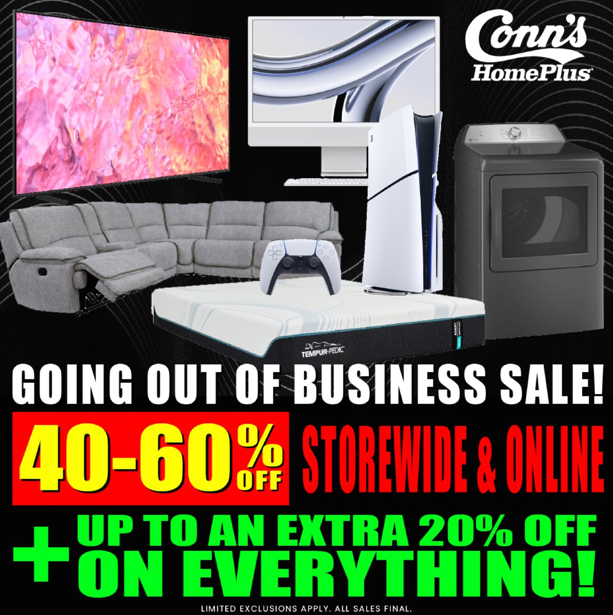 ConnsHomePlus's tweet image. 2 days left to get 40-60% off + up to an extra 20% off absolutely everything! Hurry, you don&apos;t want to miss out on these massive savings.