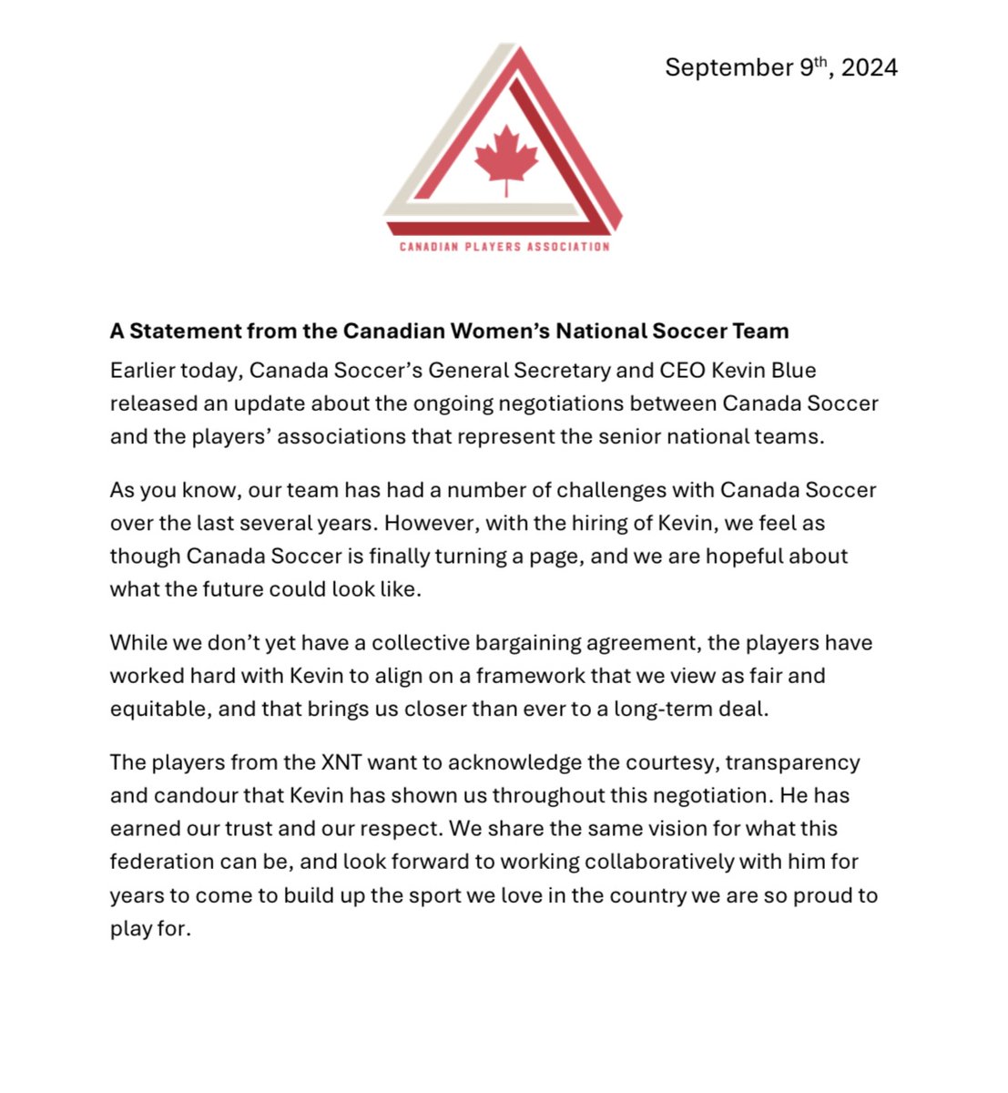 An update from the players of the Canadian Women's National Soccer Team.