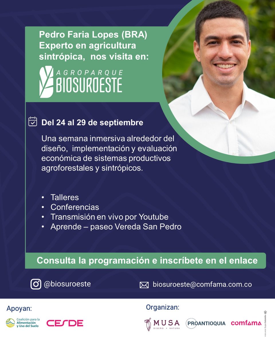 Vive una semana inmersiva de conocimientos y experiencias con Pedro Faria, experto en #agricultura sintrópica, quien nos visita desde Brasil 🇧🇷. Consulta la programación e inscríbete en una o varias de las actividades programadas en el siguiente enlace ➡️ forms.office.com/r/HnURzkj2Cc