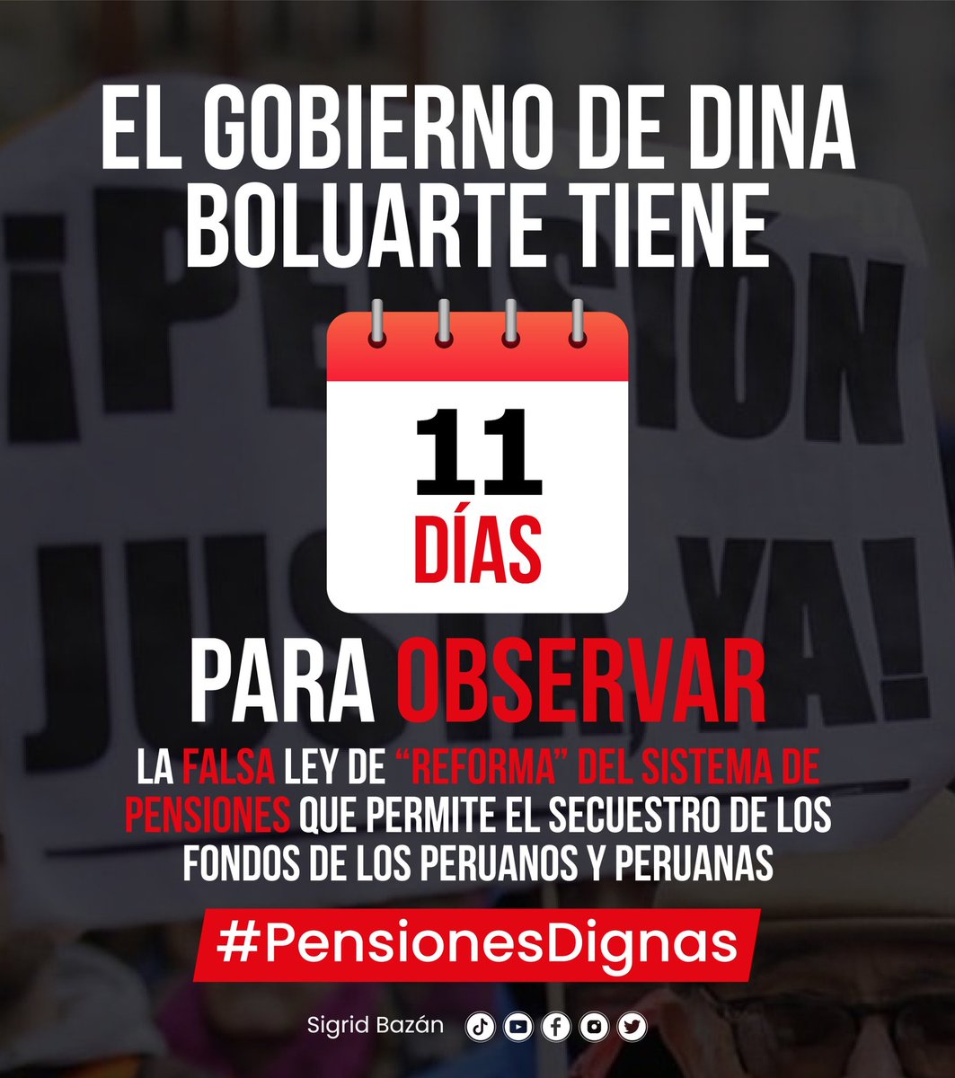 El Gobierno de Dina Boluarte tiene 11 DÍAS para OBSERVAR la ANTIREFORMA de pensiones que solo beneficia a las AFP,  que impone una pensión por consumo que aportará migajas y que impide a los nuevos afiliados y menores de 40 disponer del 95.5% de sus fondos.

#PensionesDignas
