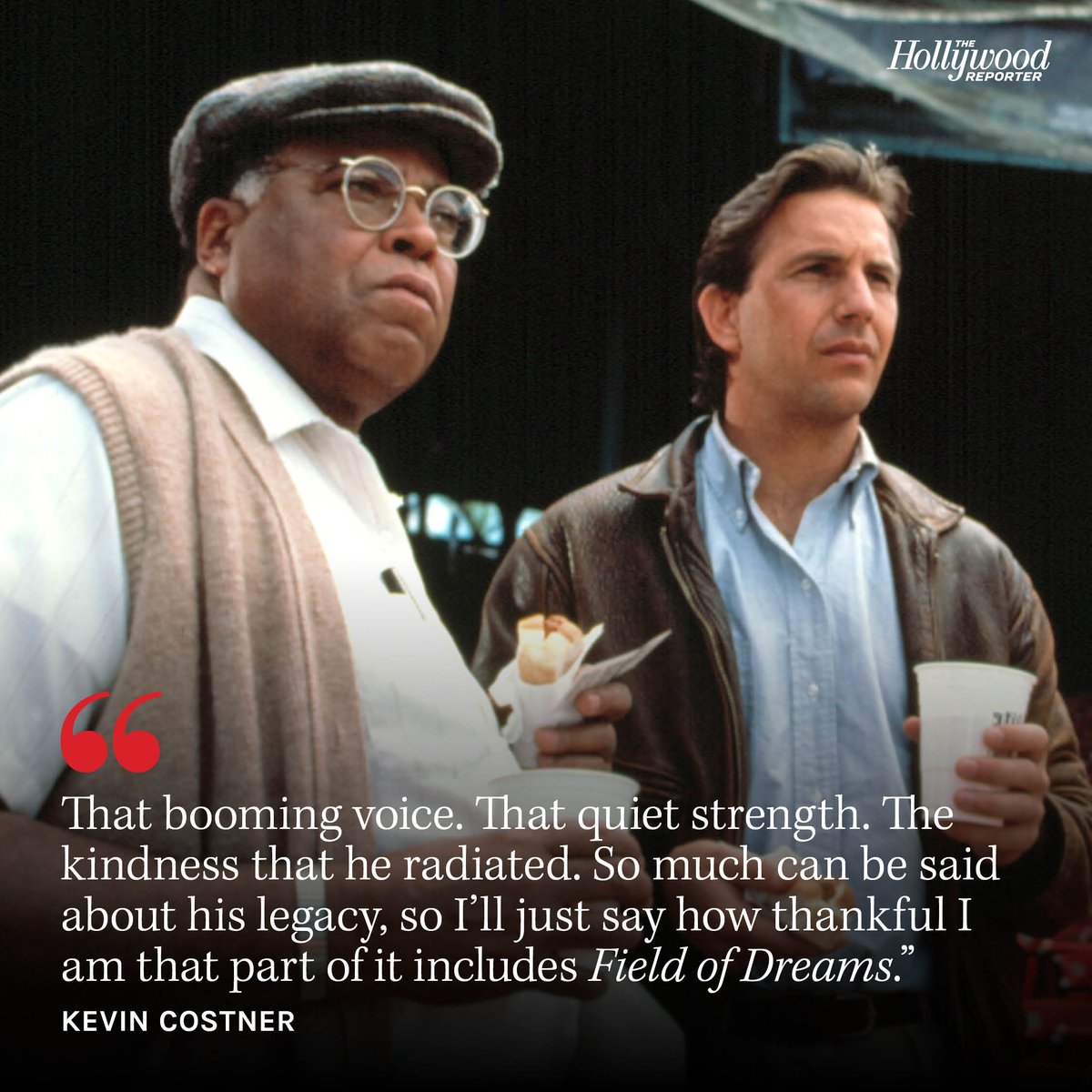 Kevin Costner, James Earl Jones' #FieldOfDreams co-star, penned a tribute to the actor: "Only he could bring that kind of magic to a movie about baseball and a corn field in Iowa. I’m grateful to have been a witness to him making that magic happen" thr.cm/UDKwfsx