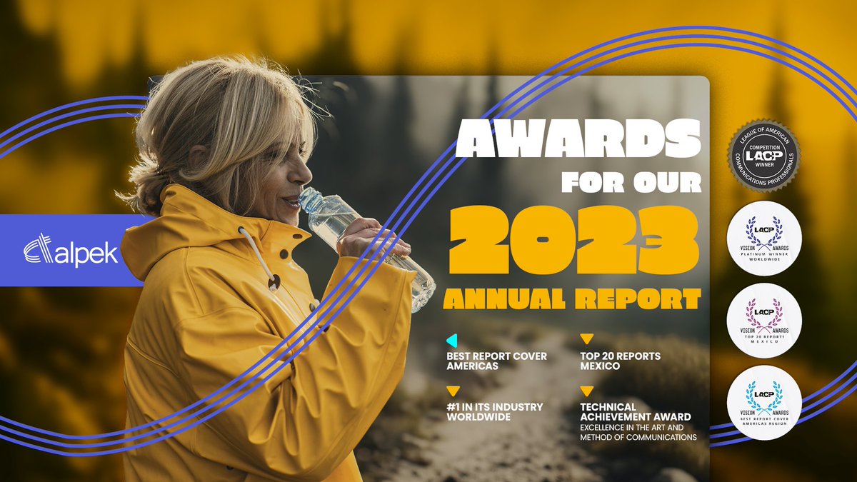 AlpekOfficial's tweet photo. In LACP's 2023 Vision Awards, Alpek’s Annual Report won the following:
 
• #1 in its Industry Worldwide • Best Cover Americas
• Top 20 MX &amp; Top 50 Americas

We will continue striving for excellence.

Thanks to everyone involved and a special shoutout to @Milenio3Design! https://t.co/pddcqfudqe