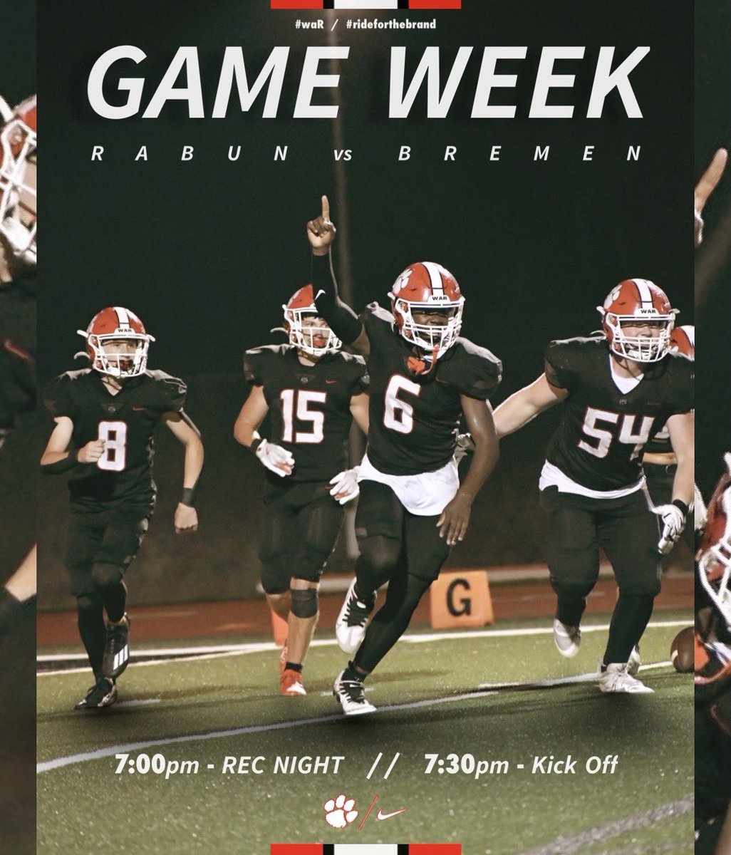 PACK THE FRANK.
REC NIGHT.
🆚 Bremen High School.
📍 Frank Snyder Memorial Stadium, Tiger, Ga.
🗓️ September 13th, 2024.
⏰ Rec Night - 7:00 PM /  Kick Off - 7:30 PM.

#war /  #rideforthebrand