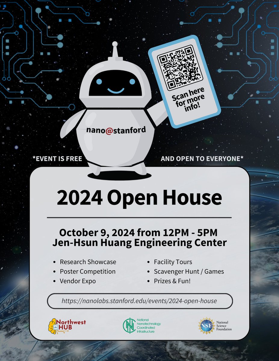 The nano@stanford 2024 Open House is right around the corner! Come join us on October 9 (aka National Nano Day) from 12-5PM at the Jen-Hsun Huang Engineering Center. There will be lots of fun activities, games, giveaways, demos, tours, and more!

nanolabs.stanford.edu/events/2024-op…