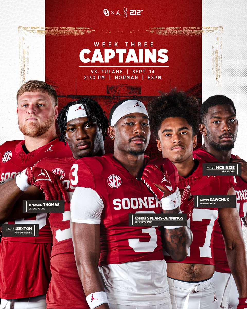 OU_Football's tweet photo. Game Captains vs. Tulane 🫡
#OUDNA | #Team130 https://t.co/PXrl7S7Cdg