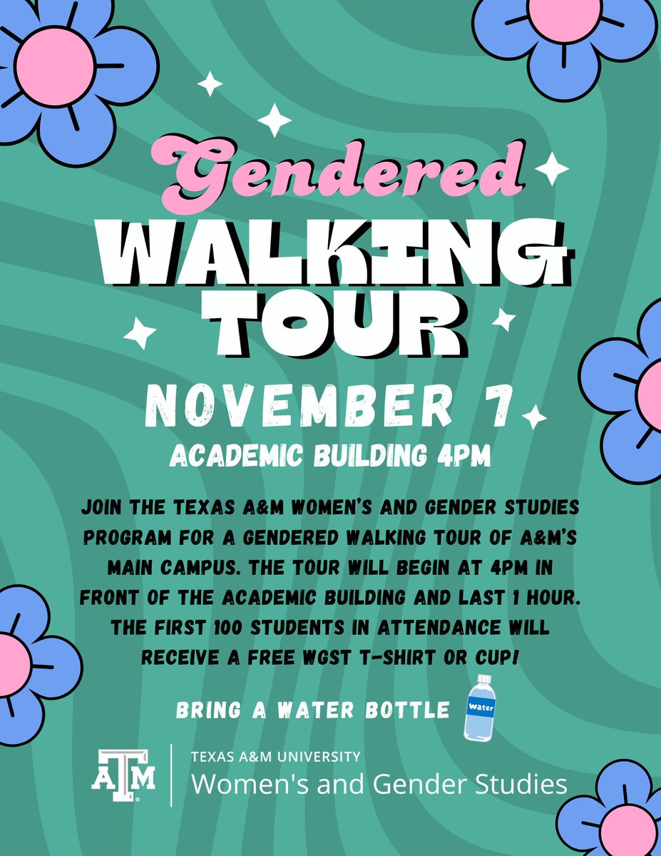 You are invited to the WGST Program’s Fall 2024 Gendered Walking Tour! The tour will take place Thursday, November 7, at 4pm in front of the Academic Building. The first 100 attendees will receive a free WGST shirt or cup. We hope to see you there!