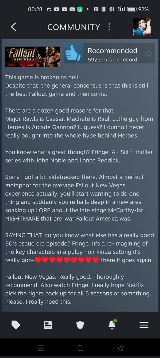 My review for Fallout New Vegas.

I'd had no sleep and couldn't think of who else was in the voice cast despite being spoilt for choice + ended up lamenting that I never bought into the hype of a TV show before turning the whole review a bit about another one.
Why am I like this?