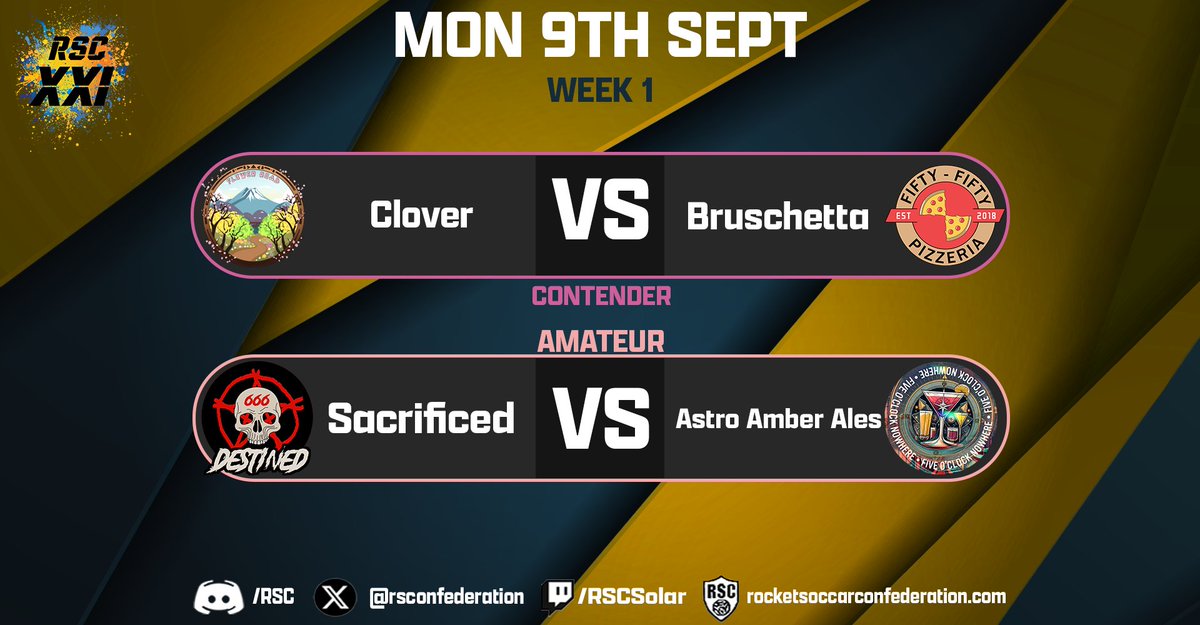 Tune in tonight at 10:50 ET as we watch Contenders and Amateurs finest go head to head.   

Clover🆚Bruschetta 
Sacrificed🆚Astro Amber Ales  

Watch it all over @ twitch.tv/RSCSolar 

🎙️@TTV_B0A 
🎙️K-Vox 
🎬<a href="/HUDxCasts/">Josh 'HUDx' Hudson</a>