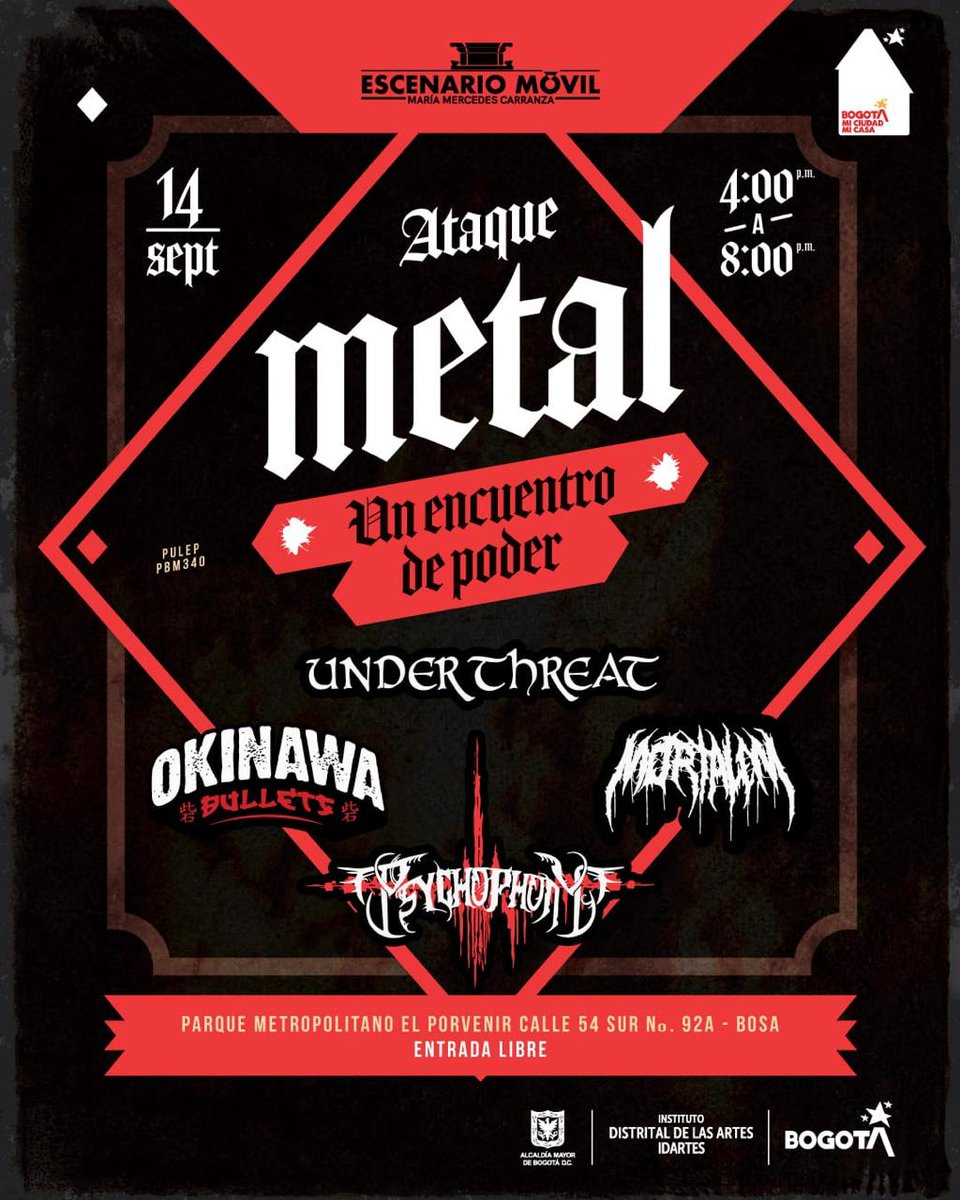 MALDITOS ENFERMOS
Nos vemos el próximo sábado 14 de septiembre en el Parque Metropolitano El Porvenir en la Localidad de Bosa.
Calle 54 Sur No 92a

ENTRADA LIBRE
04:00 De la Tarde

#EscenariosMóvilesIdartes

Apoyan
<a href="/Bogota/">Alcaldía de Bogotá</a>
<a href="/idartes/">Idartes</a>
🤘🏼LOS ESPERAMOS🤘🏼

#MORTALEM 
#TotalDeathMetal