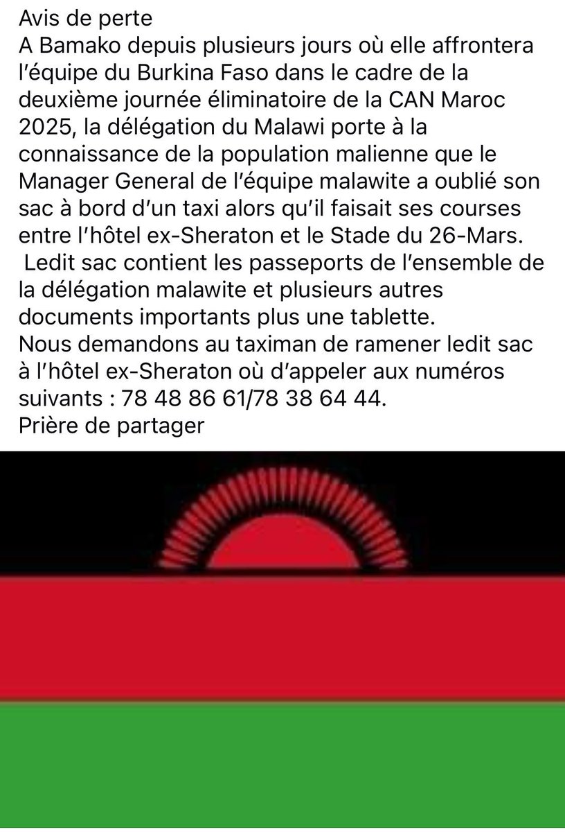 🚨 Population Malienne ! Aidons le staff Malawite 🇲🇼