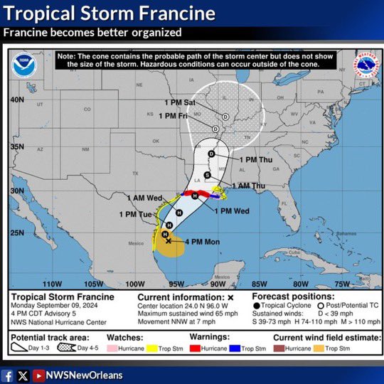 NOLA Ready (@nolaready) on Twitter photo The <a href="/NWS/">National Weather Service</a> expects the primary impacts from Francine to include heavy rain, high winds, & coastal flooding starting Tuesday night through Thursday morning.
⚠️ Finalize your storm prep by Tues. evening:
• Gather supplies
• Be ready to shelter in place
• Check on elderly neighbors The <a href="/NWS/">National Weather Service</a> expects the primary impacts from Francine to include heavy rain, high winds, & coastal flooding starting Tuesday night through Thursday morning.
⚠️ Finalize your storm prep by Tues. evening:
• Gather supplies
• Be ready to shelter in place
• Check on elderly neighbors