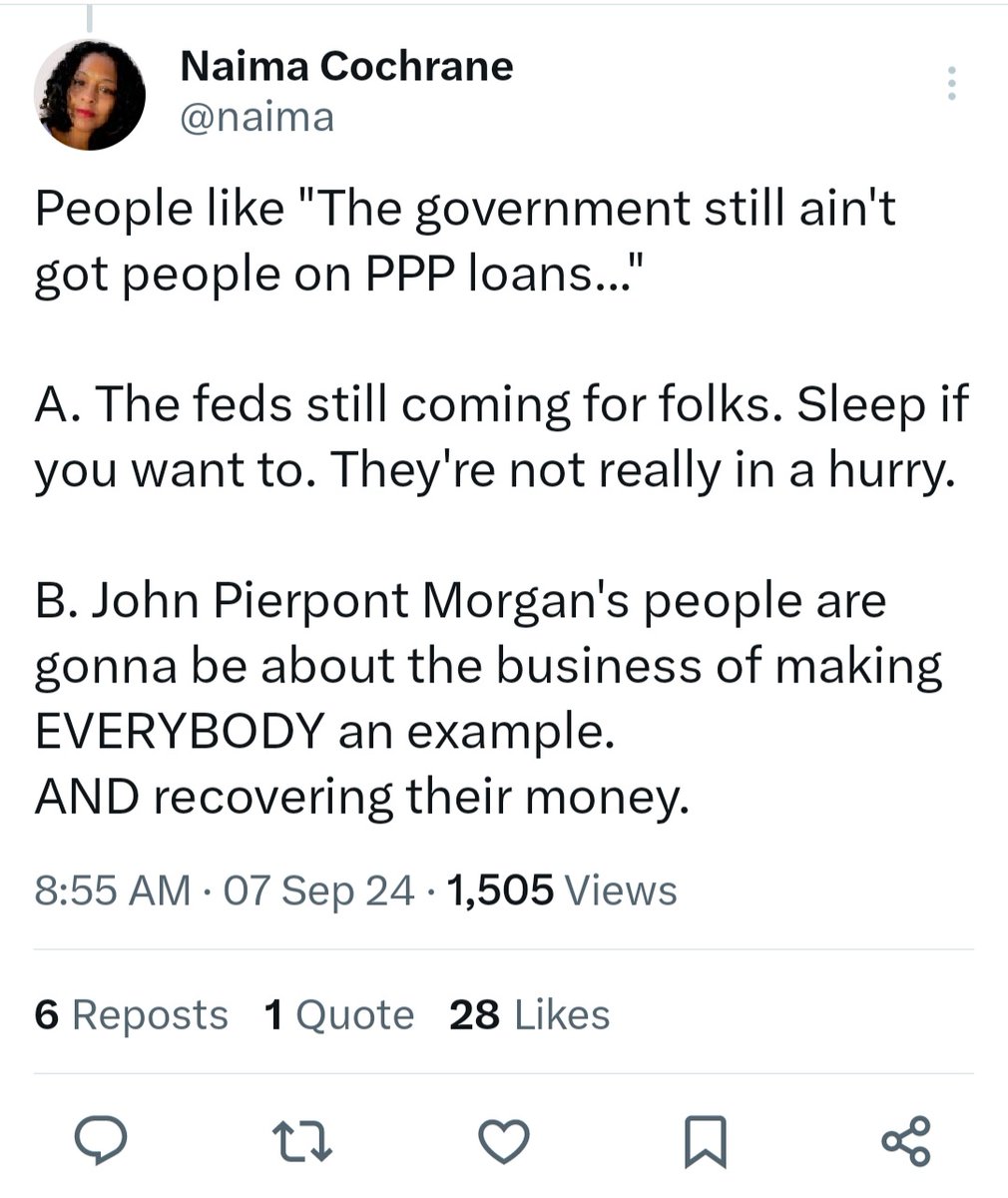 Saw <a href="/naima/">Naima Cochrane</a> talking about this.
Just so you know...
My firm is taking these cases literally ALL over the state.
Eastern AND Western districts of the feds.

*Please* think the government is gonna let you keep its money....that you fraudulently finessed....during a global crisis.