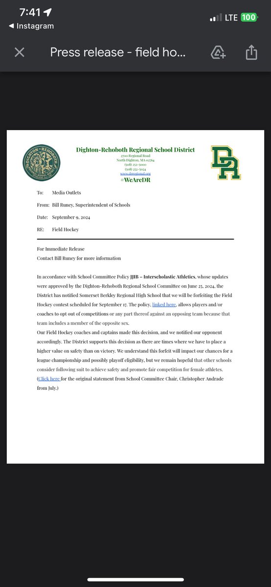 TheTylerHetu's tweet image. Dighton-Rehoboth has officially put its new policy to use. They’ve just forfeited a field hockey game against Somerset Berkley on Sept. 17.