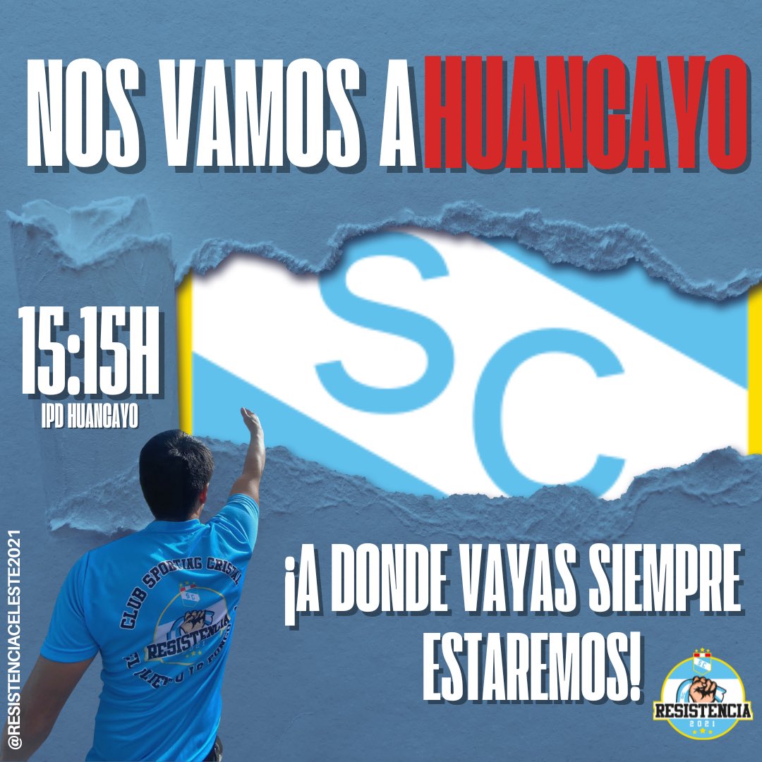 1955RESISTENCIA's tweet photo. ¡NOS VEMOS PRONTO HUANCAYO!
El día sábado 14 de septiembre, nuestra celeste jugará un partido crucial en la ciudad de Huancayo, como las últimas fechas, Resistencia Celeste estará presente.

Si deseas unirte a la comunidad de hinchas sueltos más grande de Sporting Cristal, DM. https://t.co/U18WNjYcrL