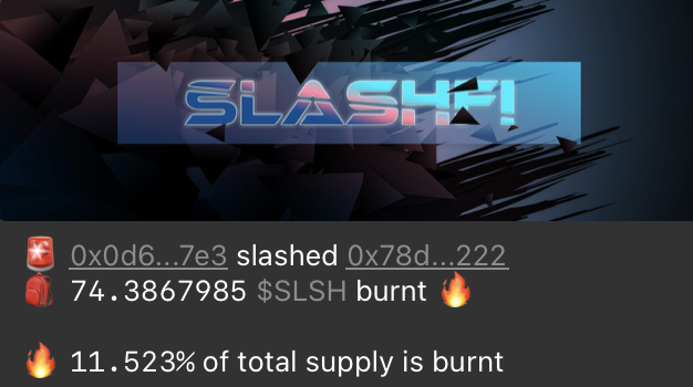 SlashFinance's tweet photo. Check out our custom slash notifications in our telegram chat!

Be sure you stake your $SLSH tokens so you don't get slashed!

11.523% of $SLSH has already been burned only minutes into launch! https://t.co/0HDqQlm0UQ