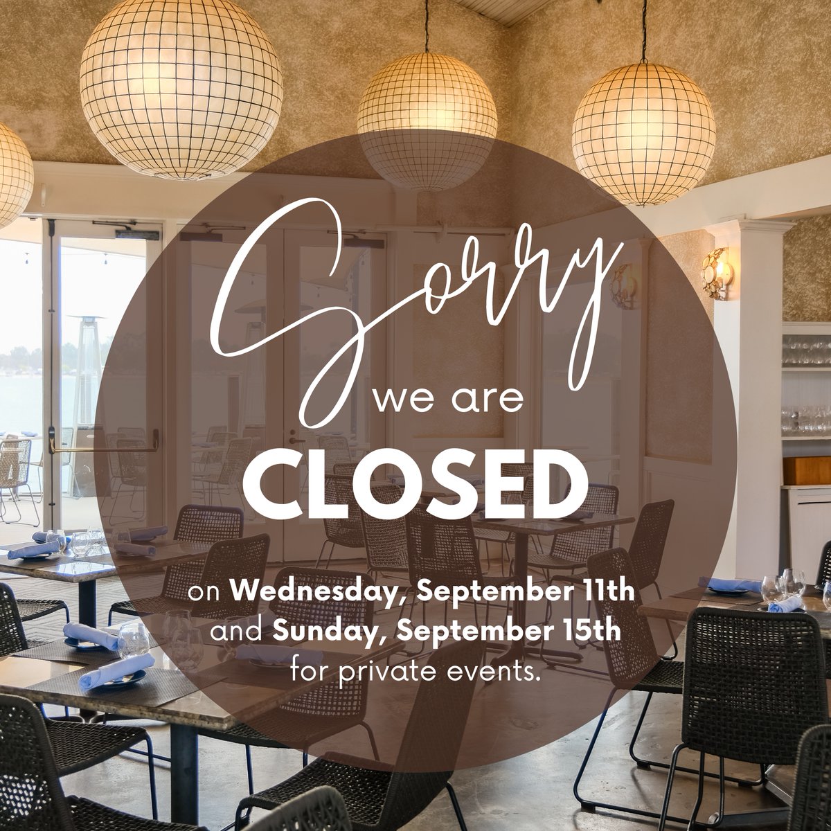 Heads Up! 📣 We’ll be closed for private events on Wednesday, 9/11, and Sunday, 9/15, but we’re still serving up dinner Thursday through Saturday!