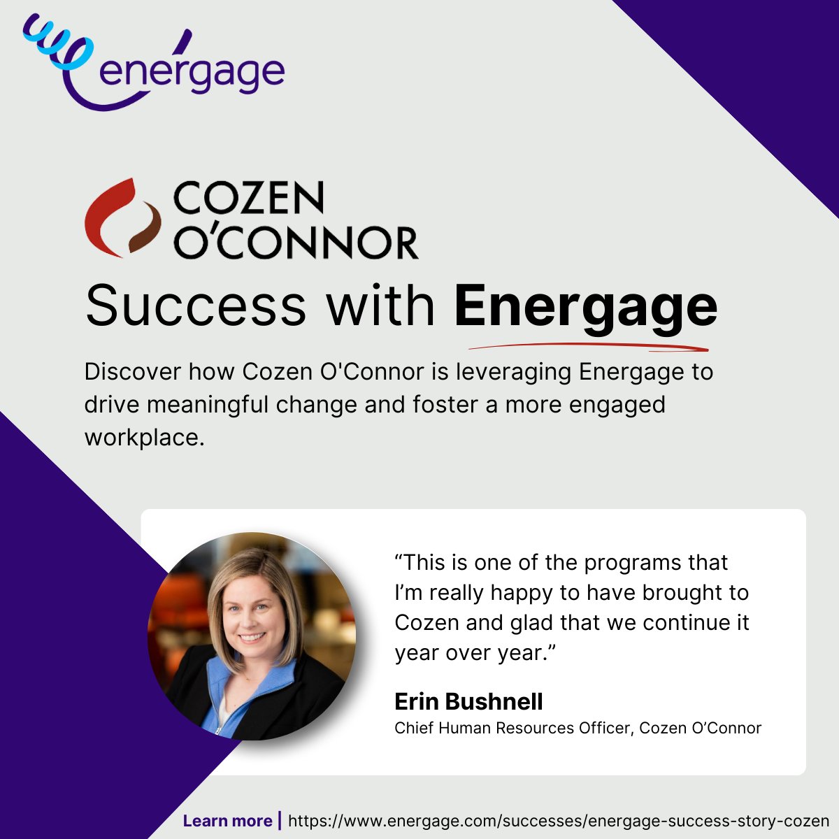 TeamEnergage's tweet image. NEW Energage Success Story: Cozen O'Connor 🌟
🔍 Discover how Erin and the Cozen O'Connor team leverage Energage to drive meaningful change and foster a more engaged workplace.
energage.com/successes/ener…
#employeeengagement #topworkplaces #energageinsights #cozenoconnor