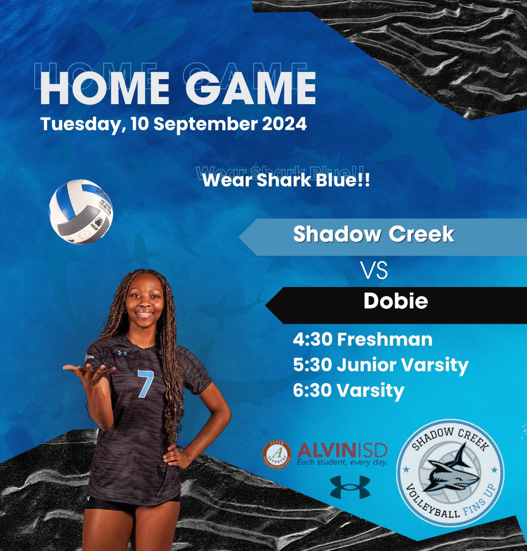 First home game of the season! 🦈🏐💙 come support your lady sharks !! Please wear you best shark blue 
@alvin_isd @shadowcreekhighschool 
#finsup #schsvball