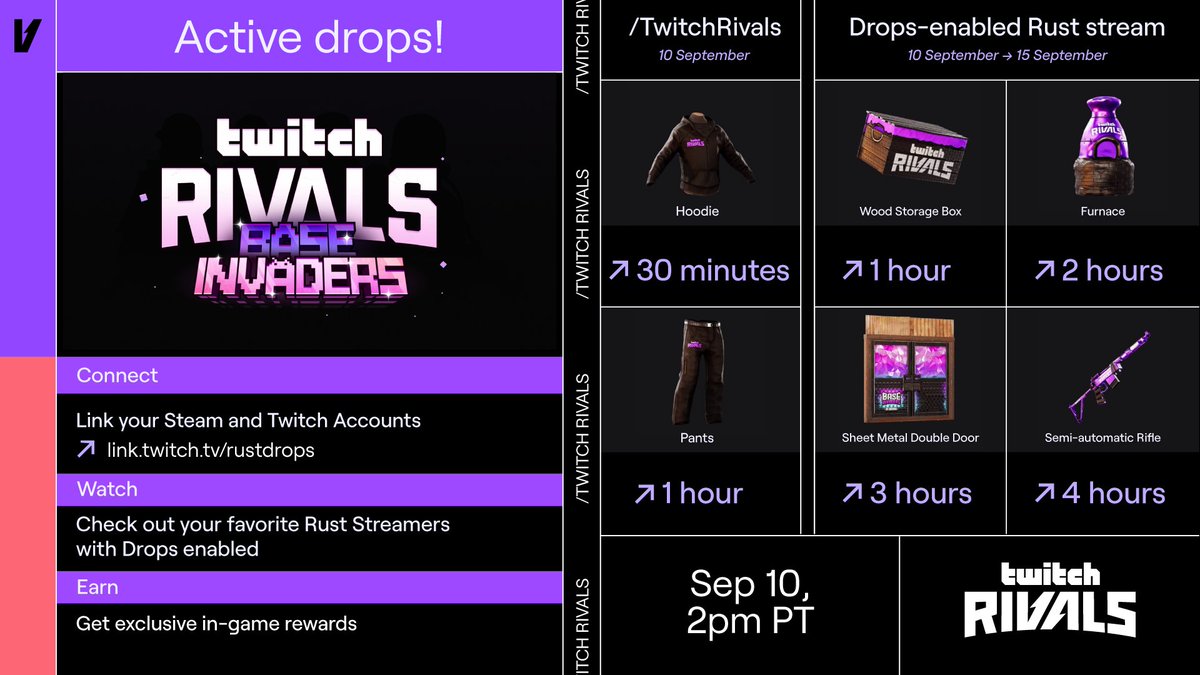 Drop your supply signals! 🎁

Join <a href="/playrust/">Rust</a> Base Invaders on /TwitchRivals and earn exclusive drops.  Tune in to the stream, and you might score some epic in-game rewards. Don't miss your chance! 

🗓️ September 10 @ 12 pm PT
