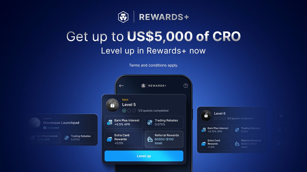 🚨 The Rewards+ Level Up Campaign ends today 🚨 You can still win up to  US$5,000 of $CRO by being among the fastest users to reach level 5, 10, 15,  or 20