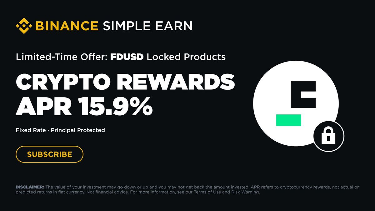 The #BinanceEarn $FDUSD Special Offer has been extended!

Earn up to 15.9% APR until September 19.

Don't miss out 👉 binance.com/en/earn/simple…