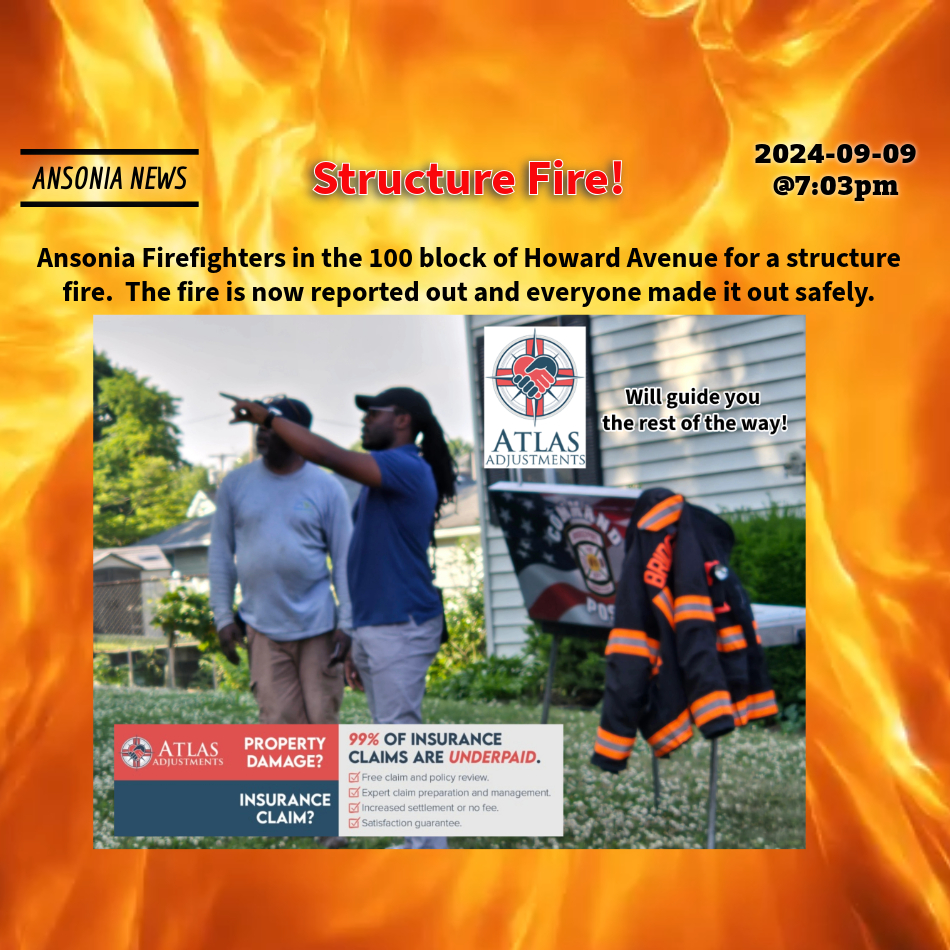 DoingItLocalcom's tweet image. Structure Fire - 

Ansonia Firefighters in the 100 block of Howard Avenue for a structure fire. The fire is now reported out and everyone made it out safely.

2024-09-09@7:03pm–#Ansonia CT– #ctfire
 - doingitlocal.com/2024/09/struct…