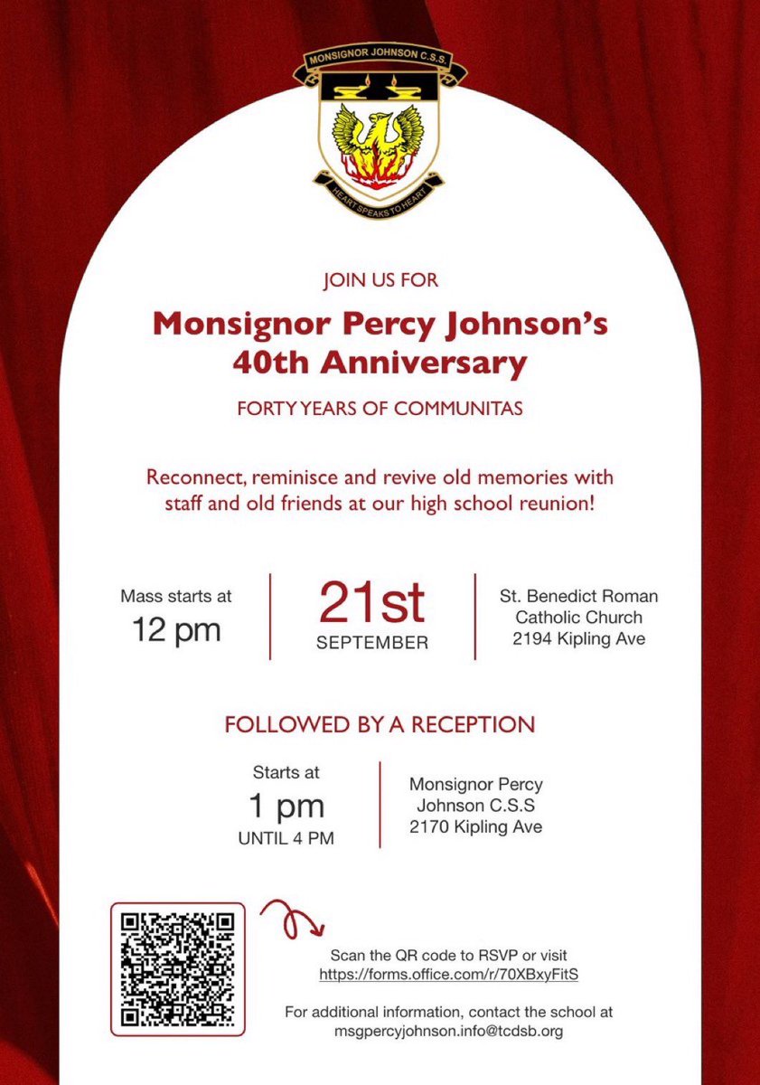 Join us on September 21st for our 40th anniversary at Monsignor Percy Johnson!

RSVP at forms.office.com/r/70XBxyFitS

See you there! <a href="/TCDSB/">Toronto Catholic District School Board</a> <a href="/MPJ_TCDSB/">Monsignor Percy Johnson Catholic Secondary School</a>