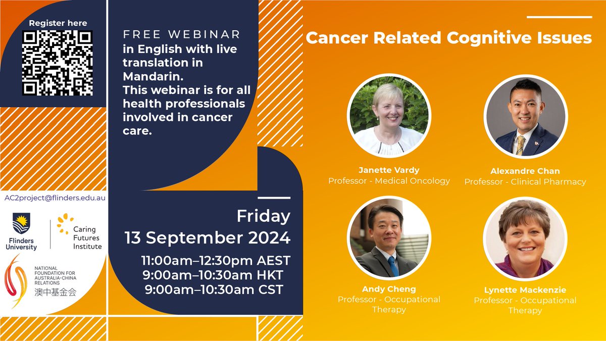 Join us this Friday, 🗓️13 September at 11am AEST/9am HKT &amp; CST📷 ONLINE, 📷#CALD #chinese focused update on Cancer Related Cognitive Issues by our star speakers. Live translation in Mandarin too! Register using link: tinyurl.com/AC2-cognition
