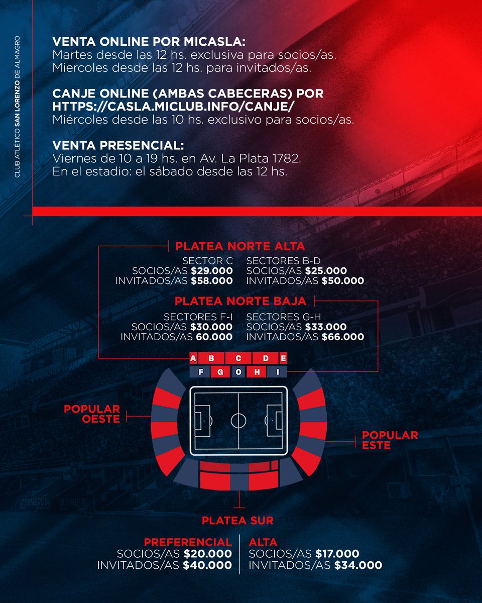 VENTA DE ENTRADAS 🆚 VÉLEZ

#SanLorenzo juega este sábado a las 15 horas por la fecha 14 del torneo de la Liga. ¡No podés faltar al Bidegain! 🏟️

✅ Mañana a las 12 horas comenzará la venta de plateas, exclusiva para socios/as, a través de MiCASLA. El miércoles desde las 12