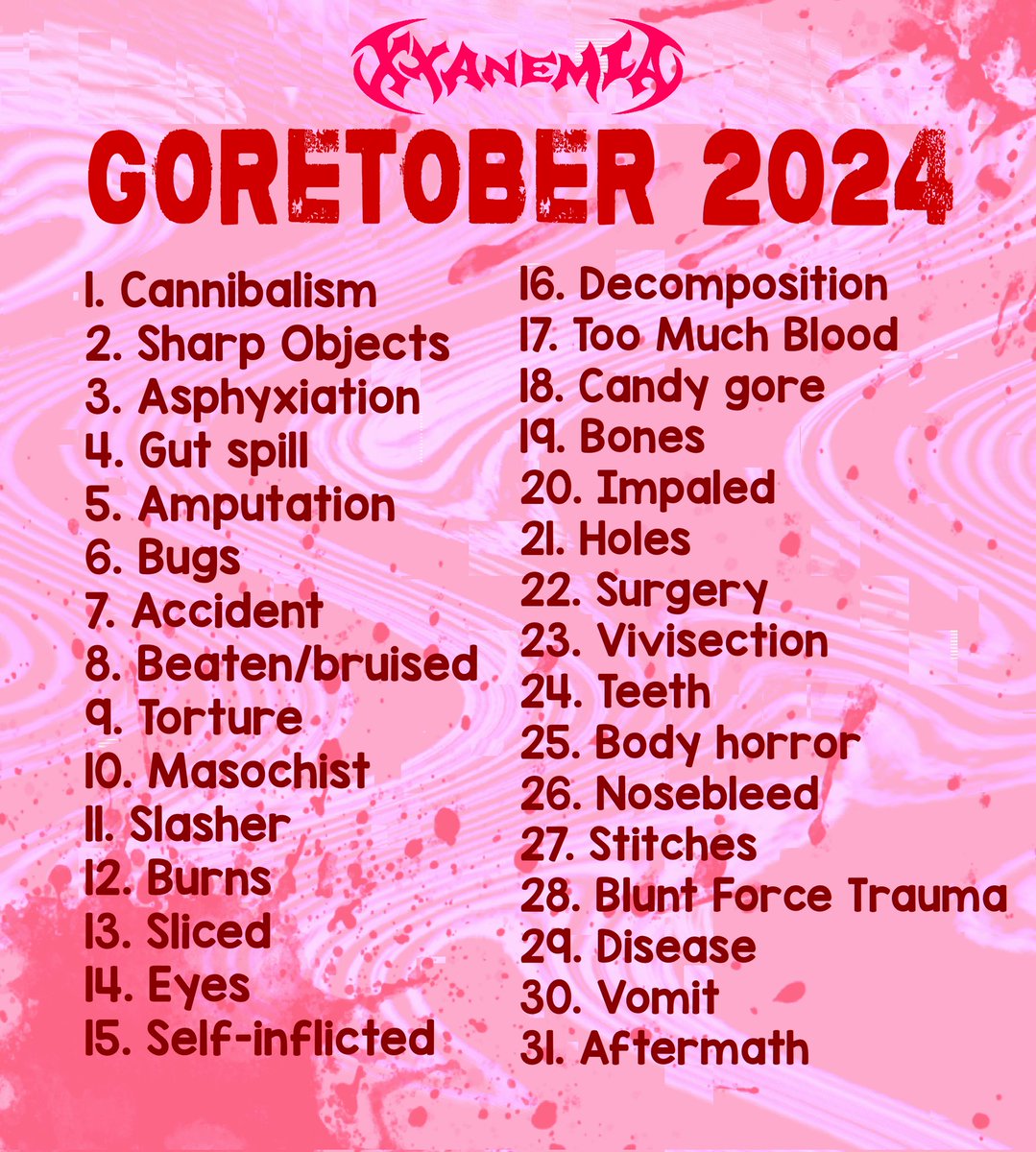 xxanemia's tweet photo. Goretober 2024 prompt list!
Repost anywhere, no need to credit
#goretober #goretober2024 #goretoberlist #goretoberprompts #goretoberlist2024 https://t.co/80lHftlVxT