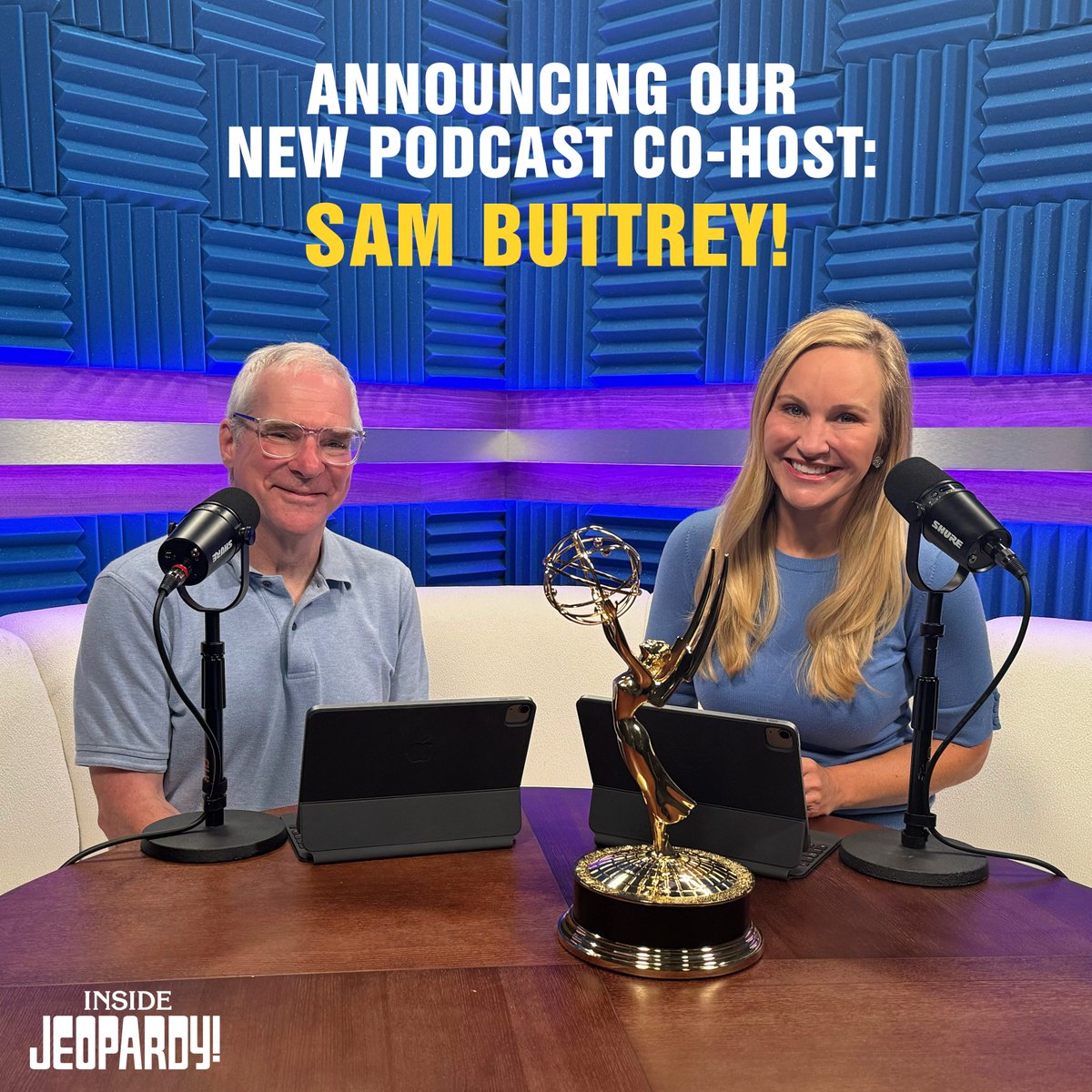 Jeopardy's tweet photo. Hold onto your butts! #InsideJeopardy! is back with a new co-host, SAM BUTTREY! Listen now ๐ง: https://t.co/VuDrDioWju https://t.co/kr4jrVdVH2