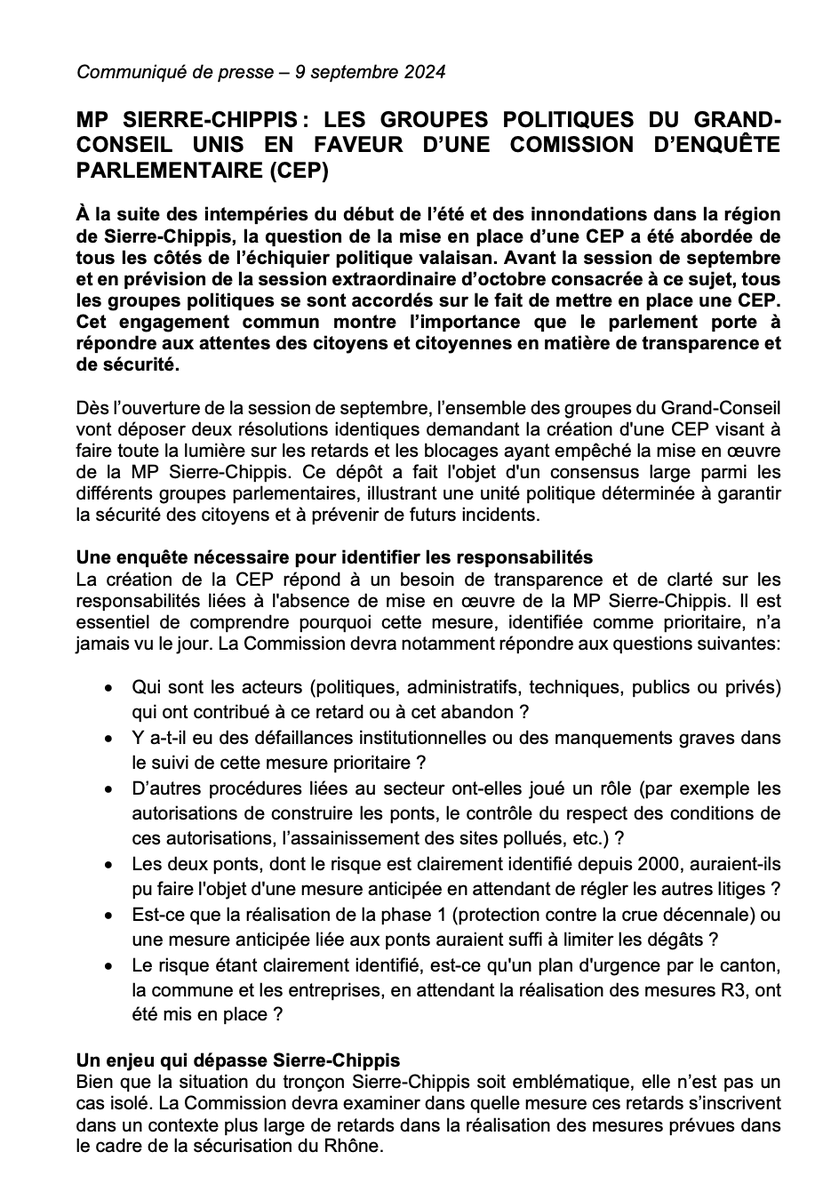 vertsvs's tweet photo. 📣 COMMUNIQUÉ
Crue du Rhône: Commission d'enquête parlementaire demandée par l'ensemble des groupes! Objectif: faire la lumière sur les blocages et identifier les responsabilités. #rhone #valais https://t.co/BMvRrWn9B4