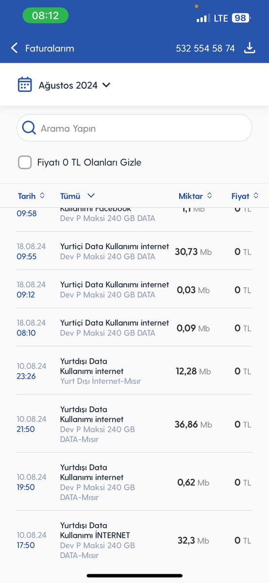 sertutuncu's tweet photo. @Turkcell  #şikayet #Turkcell yurtdışı kullanımda aman dikkat kullanmadığınız gün için de fazladan tahsil ettiğiniz tutarın iadesini bekliyorum. 11/08 için bedel var ama ekli Fatura detayında dahi bu kullanım yok! https://t.co/vPAEviEyhN