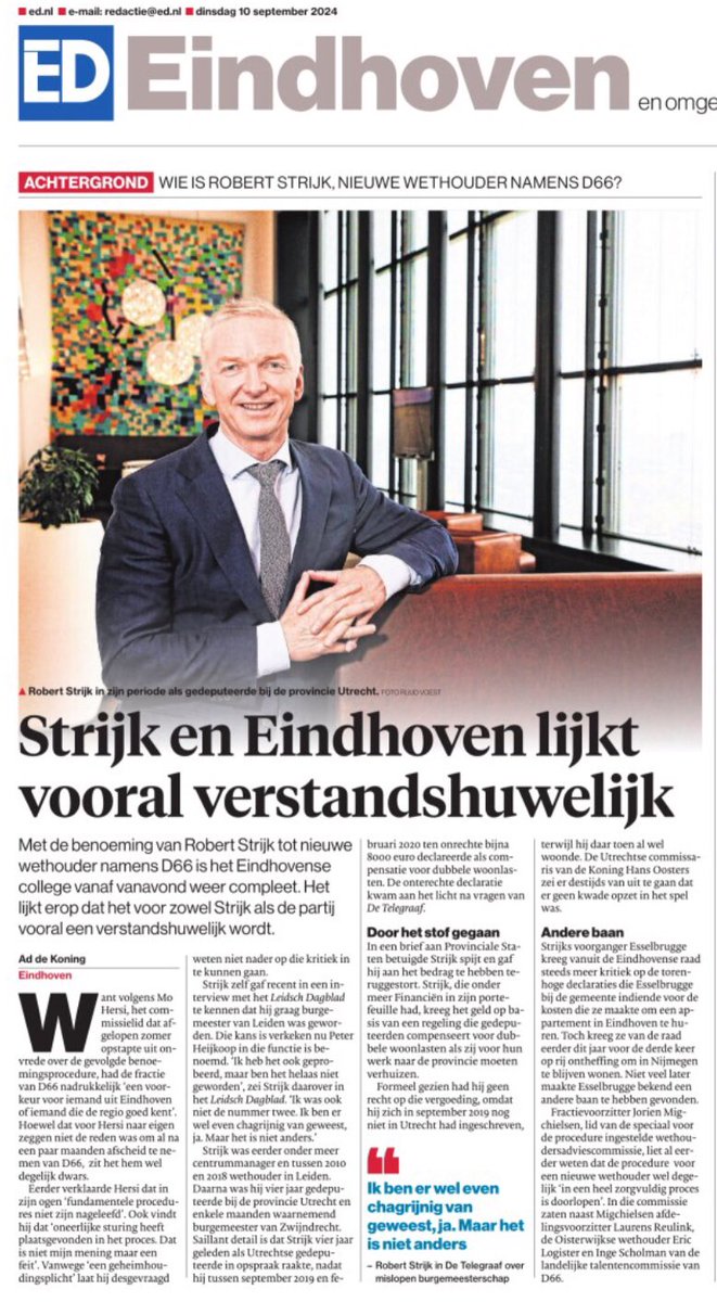 Welkom in de stad <a href="/RobertStrijk/">Robert Strijk</a>. Jammer <a href="/ED_Eindhoven/">Eindhovens Dagblad</a> om niets te zeggen over zijn ervaring rond werken aan toekomstbestendige binnenstad, samenwerking kennisinstellingen en economische en regionaal beleid.