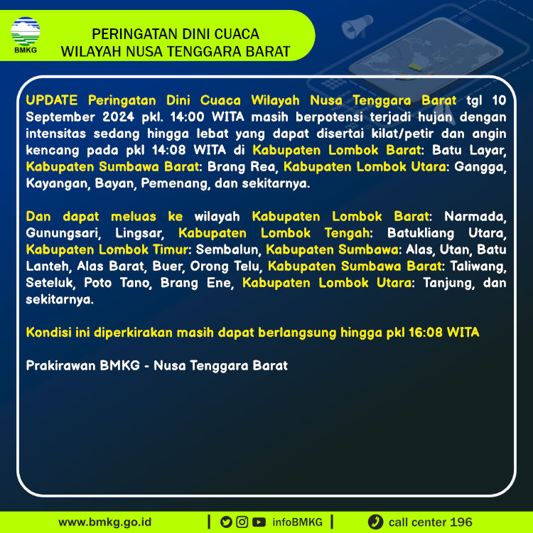 Update Peringatan Dini Cuaca Wilayah - Nusa Tenggara Barat Tgl. 10 September 2024 pkl. 14:08 WITA
Prakirawan - BMKG - Nusa Tenggara Barat
nowcasting.bmkg.go.id/nowcast?kodwil…