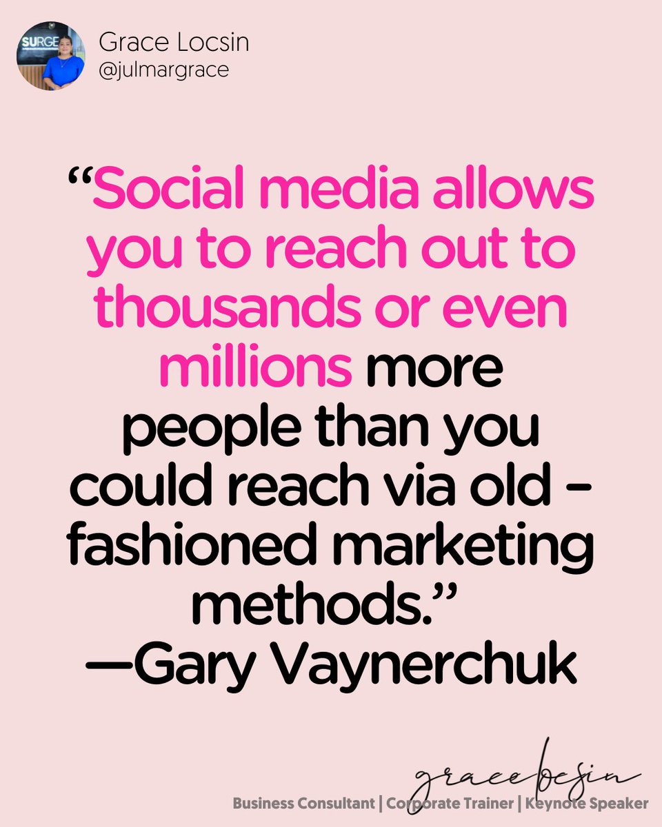 Do not underestimate the power of #socialmedia in promoting your personal and business brand. Build your online presence! <3

#gracelocsin
#socialmedia
#personalbranding