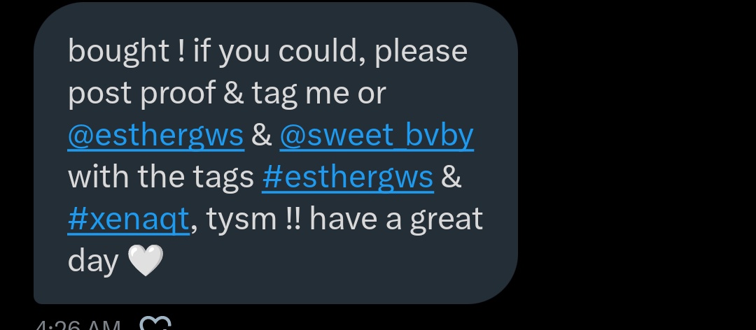 <a href="/estheriiaa/">esther 🎀 ia</a> and <a href="/sweet_bvby/">xena 🍤 dmts; closed 💌</a> is trusted!! Claimed the prize from Esther, thanks! (〃ﾟ3ﾟ〃) 

— #esthergws #xenaqt 🩷