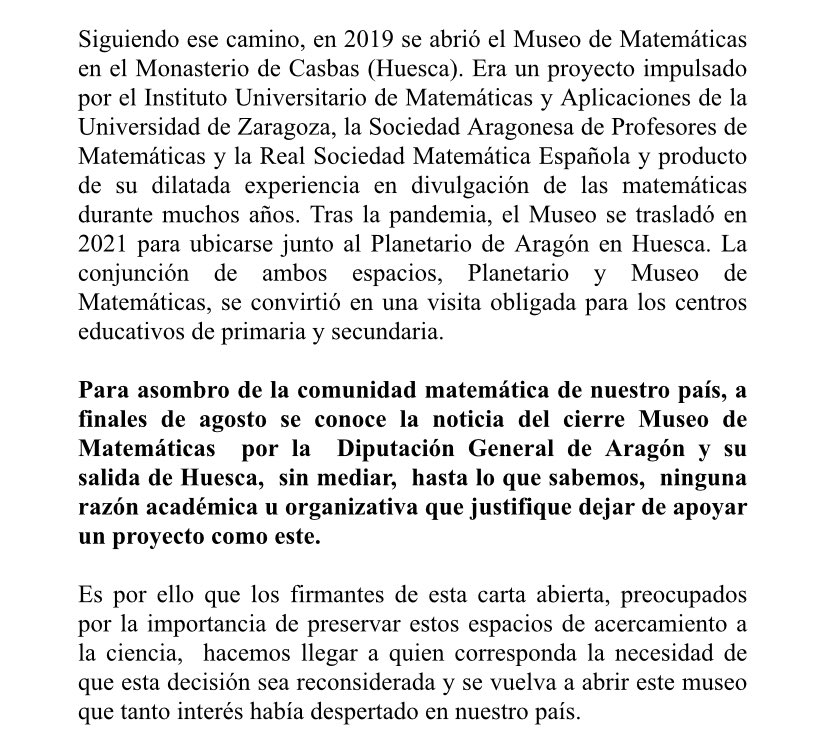 UN MUSEO SE MUERE‼️

Carta abierta en defensa del Museo de Matemáticas de Aragón, impulsada desde <a href="/Dimatematicas/">DiMa (Divulgación Matemáticas)</a> . 

Cualquier persona que desee firmar la carta puede hacerlo enviándome un DM o escribiendo un e-mail a museodematematicas@unizar.es

Firma! Difunde! 

#YoConElMuseo
